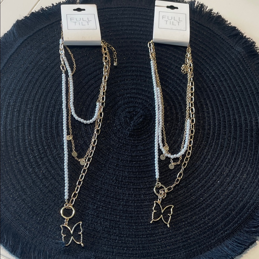 2 matching Full Tilt White Bead & Gold Multi-Strand Butterfly Necklaces NWT